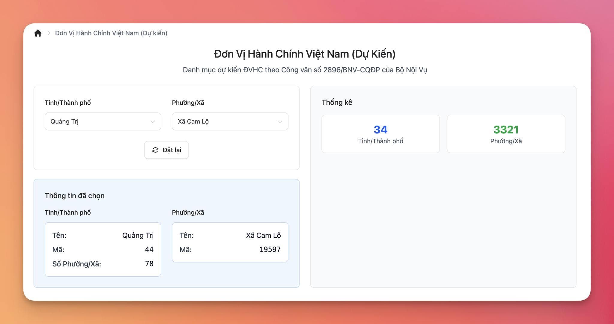 Đơn vị hành chính Việt Nam (dự kiến) theo Công văn số 2896/BNV-CQĐP của Bộ Nội Vụ